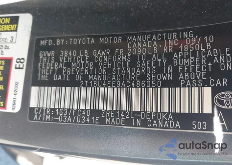 2010 Toyota Corolla Le из США, поврежденный, VIN 2T1BU4EE9AC486050